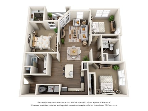 Floor plan for 3 beds, 2 baths, 1267 sqft